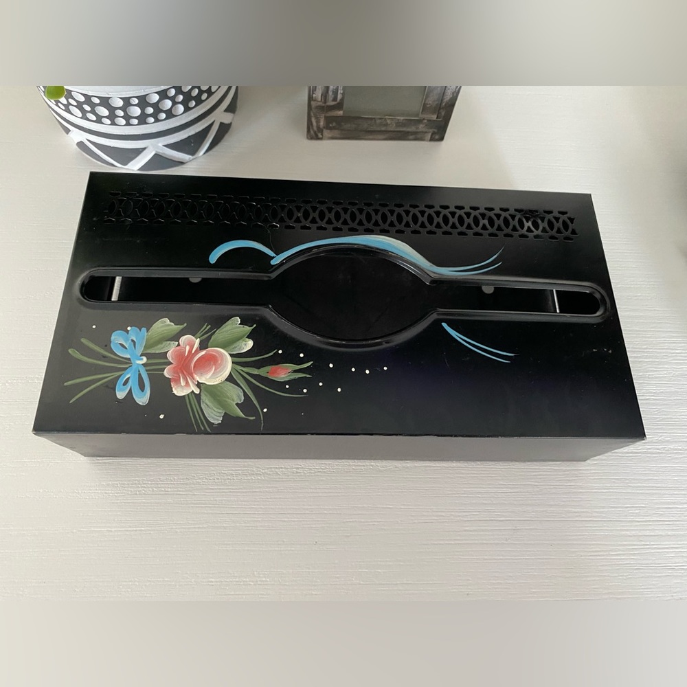 Tole ware Tissue Box Cover Metal Wall Mount Black Flower Ribbon MCM Vintage